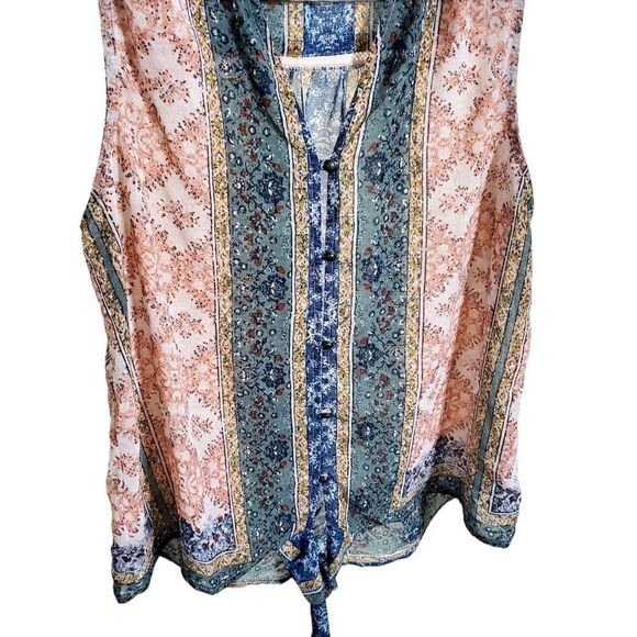 Knox Rose Womens Bohemian Pink/Green Top Size Small Earthy Semi-Sheer Tie-Front - Picture 4 of 13